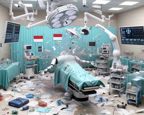 A realistic, high-definition picture featuring the aftermath of a significant occurrence related to robotic surgery within an Indonesian hospital setting. The scene should reflect the expression of surprise and disbelief. Include various elements such as robotic arms, medical equipment, and documents scattered across a sterile operating room. Try to convey a sense of dramatic change or phenomenon without using explicit details.