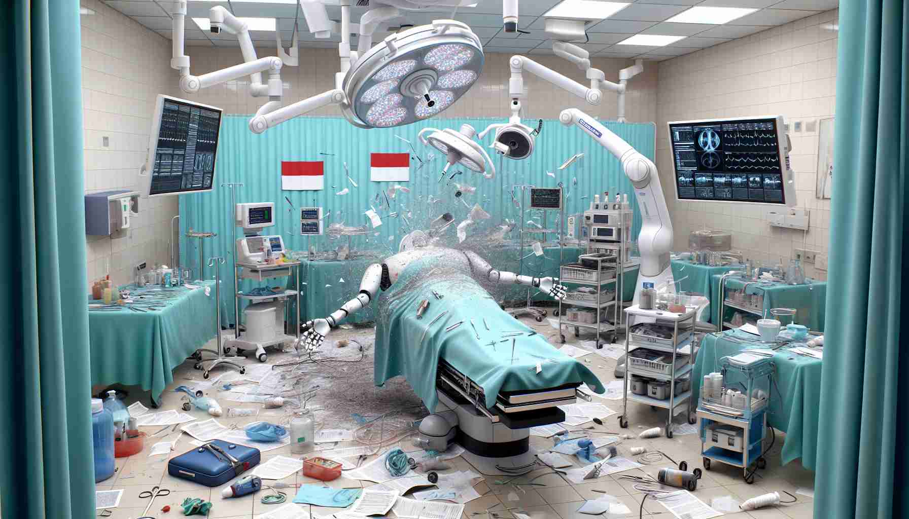 A realistic, high-definition picture featuring the aftermath of a significant occurrence related to robotic surgery within an Indonesian hospital setting. The scene should reflect the expression of surprise and disbelief. Include various elements such as robotic arms, medical equipment, and documents scattered across a sterile operating room. Try to convey a sense of dramatic change or phenomenon without using explicit details.