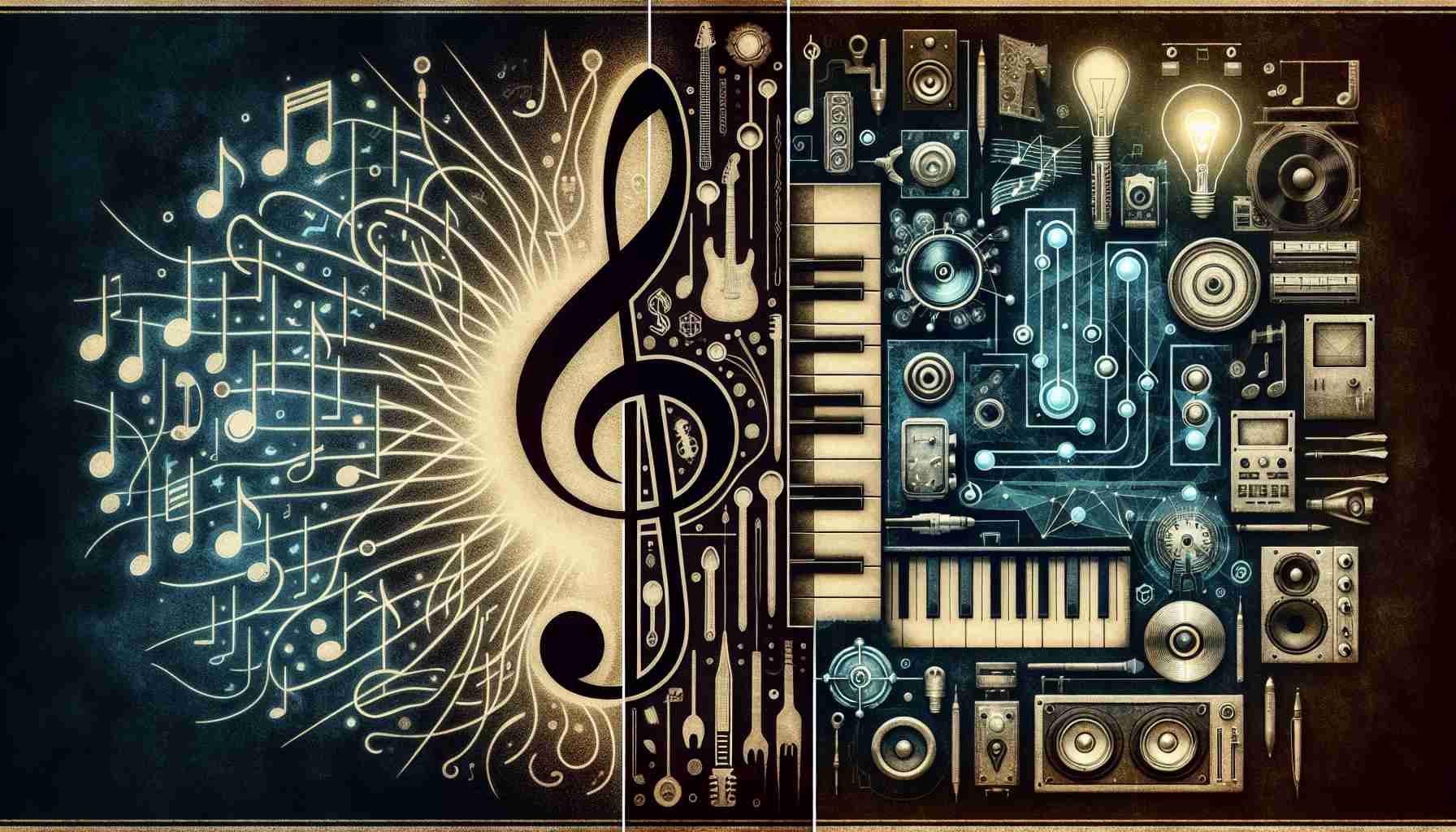 High-definition, realistic imagery representing the secret behind the greatest collaborations in pop music. Display an abstract representation of two different musical notes harmoniously intertwined, a metaphor for collaboration. Alongside, show a montage of various musical instruments and tools used in modern pop music production. These symbols unite to reveal a 'secret' visualized as a key or a light bulb, indicating inspiration and creativity. Note: All elements should carry a subtly vintage vibe to convey the timeless nature of music