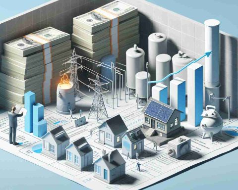 High-resolution realistic image of a scenario related to escalating utility costs. Visualize notable representations of electricity, gas, and water utilities, alongside stacks of cash or a rising graph to imply increasing costs. Also symbolize the need for knowledge and preparation, such as a person studying bills with a concerned expression, or energy-saving alternatives like solar panels or wind turbines.