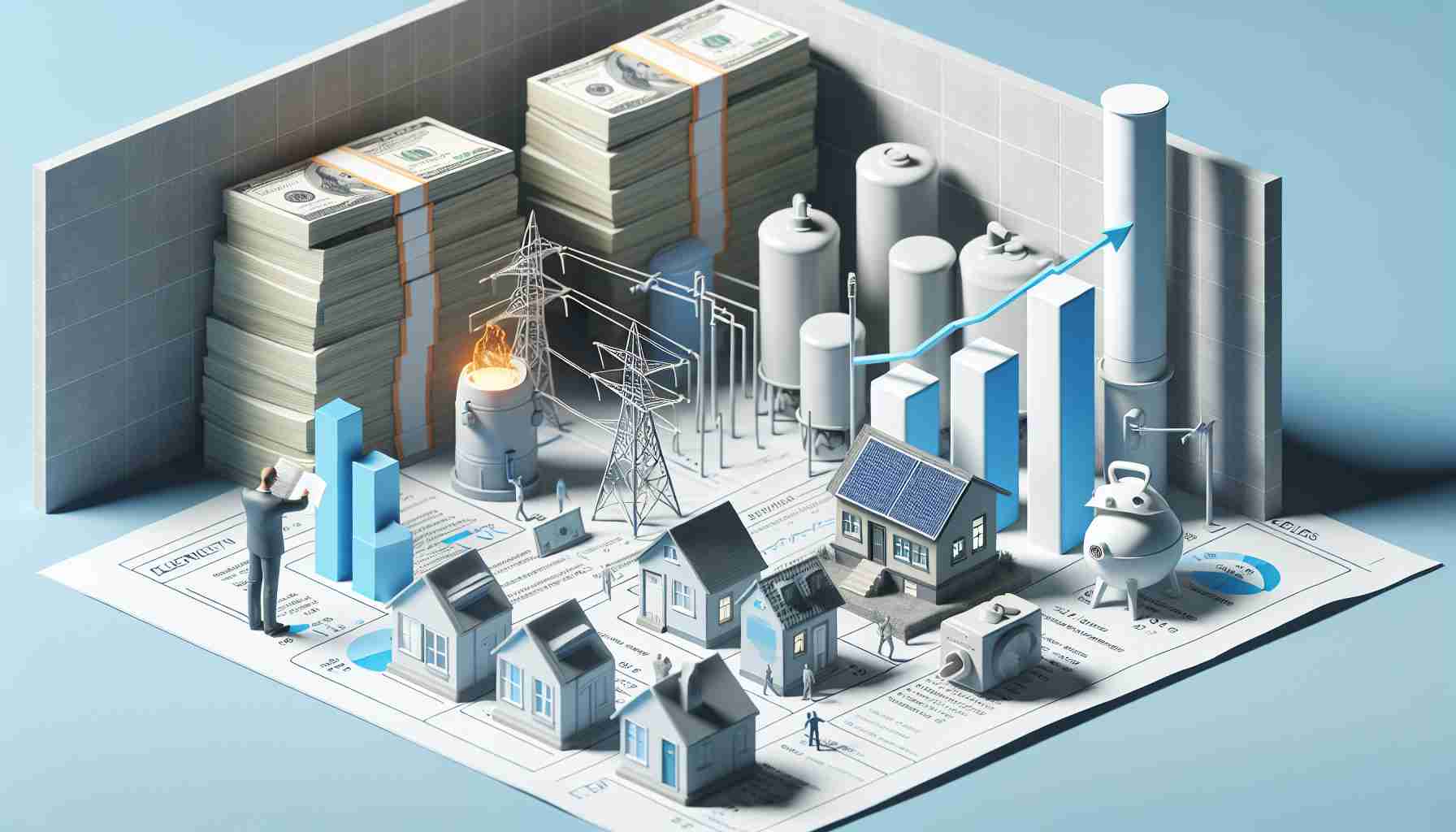 High-resolution realistic image of a scenario related to escalating utility costs. Visualize notable representations of electricity, gas, and water utilities, alongside stacks of cash or a rising graph to imply increasing costs. Also symbolize the need for knowledge and preparation, such as a person studying bills with a concerned expression, or energy-saving alternatives like solar panels or wind turbines.