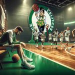 A realistically rendered, high-definition image showcasing a basketball game scene. The Celtics logo clearly visible in the background, contrasting with the green court. Various basketball players of different descents can be seen in motion, while one player - potential key of the team - sits on the side bench noticeably in discomfort as he nurses an injury. An ambiguous expression of determination from other Celtics players, hinting at the unanswered question: Can the Celtics overcome this setback?