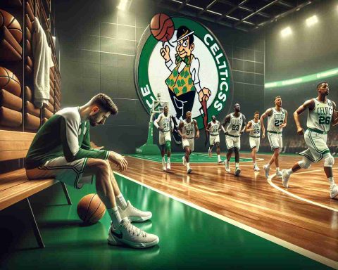 A realistically rendered, high-definition image showcasing a basketball game scene. The Celtics logo clearly visible in the background, contrasting with the green court. Various basketball players of different descents can be seen in motion, while one player - potential key of the team - sits on the side bench noticeably in discomfort as he nurses an injury. An ambiguous expression of determination from other Celtics players, hinting at the unanswered question: Can the Celtics overcome this setback?