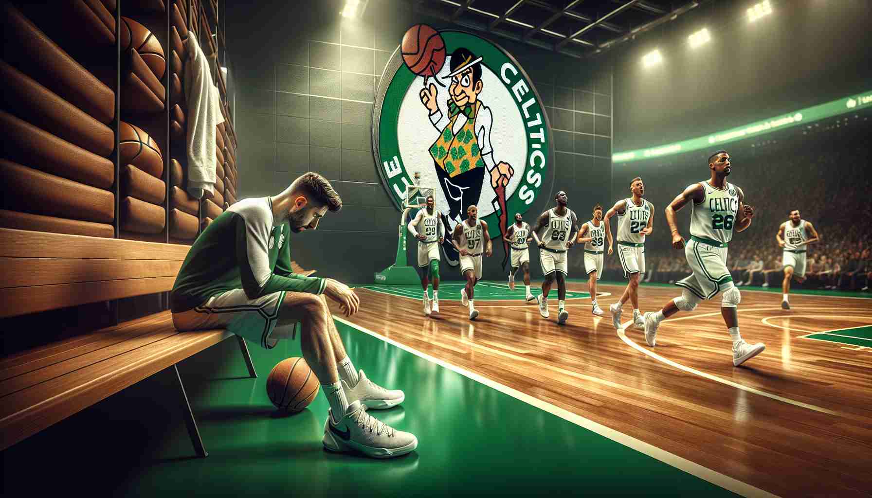 A realistically rendered, high-definition image showcasing a basketball game scene. The Celtics logo clearly visible in the background, contrasting with the green court. Various basketball players of different descents can be seen in motion, while one player - potential key of the team - sits on the side bench noticeably in discomfort as he nurses an injury. An ambiguous expression of determination from other Celtics players, hinting at the unanswered question: Can the Celtics overcome this setback?