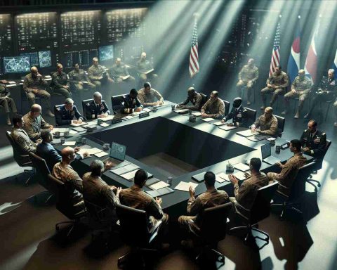 A realistic HD photograph depicting a defense summit. Visible are a group of high-ranking military officials from different ethnicities and of both genders, signifying worldwide collaboration. They are engaged in deep discussion around a large table, showcasing their unified stand amidst the rising tensions. Papers filled with crucial information scatter across the table while the air is filled with focus, camaraderie and determination. The setting reflects the gravity of their task - formidable surroundings suggestive of a military command center, teeming with cutting-edge technology.