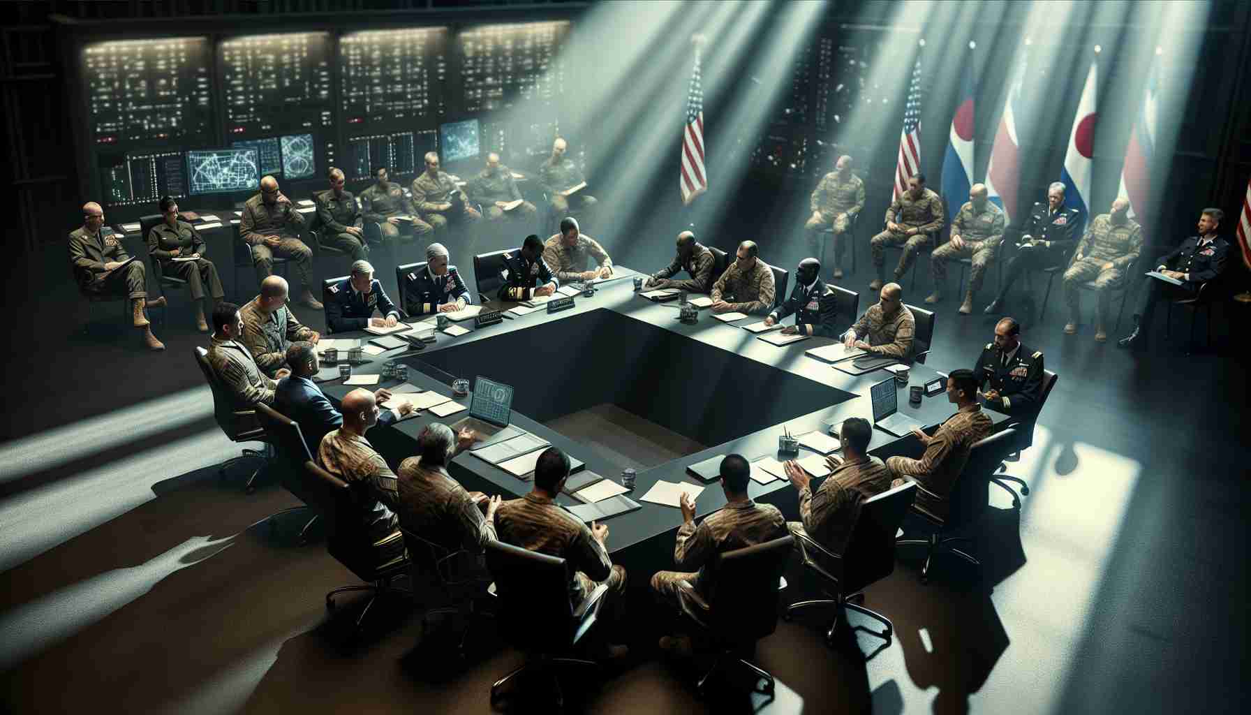 A realistic HD photograph depicting a defense summit. Visible are a group of high-ranking military officials from different ethnicities and of both genders, signifying worldwide collaboration. They are engaged in deep discussion around a large table, showcasing their unified stand amidst the rising tensions. Papers filled with crucial information scatter across the table while the air is filled with focus, camaraderie and determination. The setting reflects the gravity of their task - formidable surroundings suggestive of a military command center, teeming with cutting-edge technology.