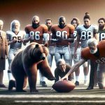 A realistic HD image representing a pivotal moment in a football team's history. The scene depicts a metaphorical shift in power within the team, symbolized by a bear camp. The old leaders, distinguished by their tired expressions, are seen passing off their roles to the new generation of leaders who exude energy and determination. The team members are diverse in gender and descent including Caucasian, Hispanic, Black, South Asian, and Middle-Eastern individuals. No specific real-world teams or personalities should be identifiable.