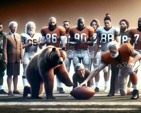 A realistic HD image representing a pivotal moment in a football team's history. The scene depicts a metaphorical shift in power within the team, symbolized by a bear camp. The old leaders, distinguished by their tired expressions, are seen passing off their roles to the new generation of leaders who exude energy and determination. The team members are diverse in gender and descent including Caucasian, Hispanic, Black, South Asian, and Middle-Eastern individuals. No specific real-world teams or personalities should be identifiable.