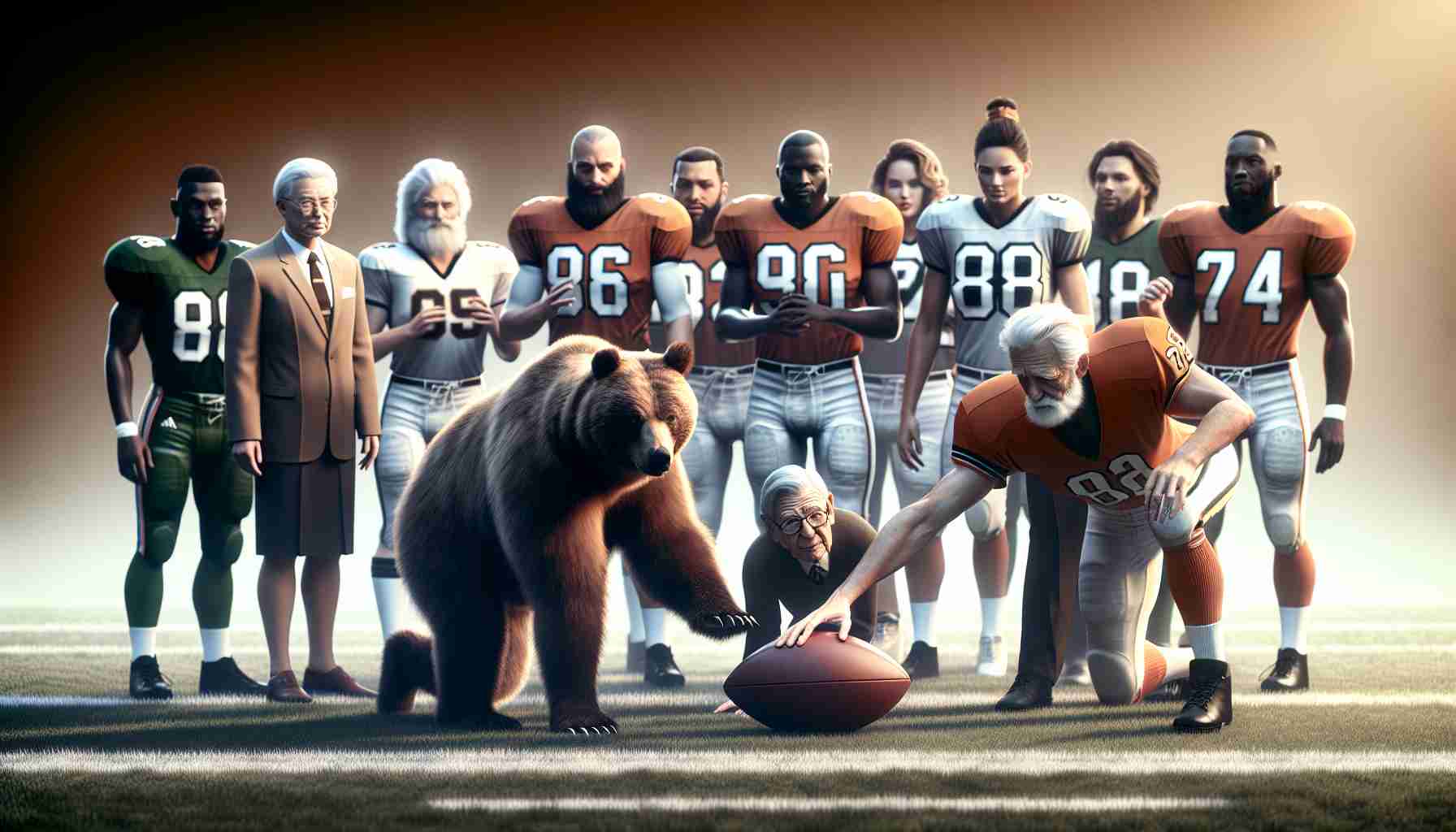 A realistic HD image representing a pivotal moment in a football team's history. The scene depicts a metaphorical shift in power within the team, symbolized by a bear camp. The old leaders, distinguished by their tired expressions, are seen passing off their roles to the new generation of leaders who exude energy and determination. The team members are diverse in gender and descent including Caucasian, Hispanic, Black, South Asian, and Middle-Eastern individuals. No specific real-world teams or personalities should be identifiable.