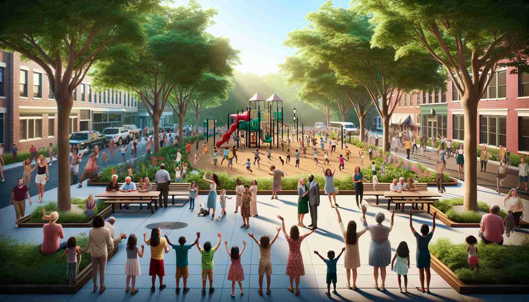 Generate an HD photo showing an incredible transformation that sparked excitement in a local community. The scene should depict a once dull public space, perhaps a park, that has been renovated with new facilities like a modern playground, beautiful landscaping, and tree-shaded benches. People of varying ages, genders, and descents - Caucasian, Hispanic, Black, Middle-Eastern, South Asian - should be scattered around, enjoying the updated amenities and clearly expressing joy, surprise, and enthusiasm at this unexpected development.