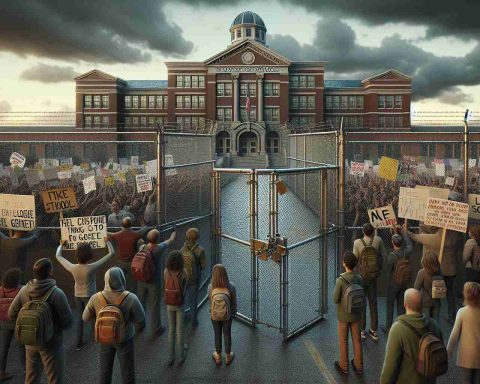 Highly detailed and realistic image of a closed school building with chain-link gates locked in the forefront. The mood is somber and the sky is cloudy, signifying the turmoil. Nearby, there are individuals expressing their outrage, with a diverse group of people holding signs and banners. Visible placards and banners show messages of protest against shocking allegations, but no specifics are provided about the nature of the allegations. The school's name or other identifying details are not visible.