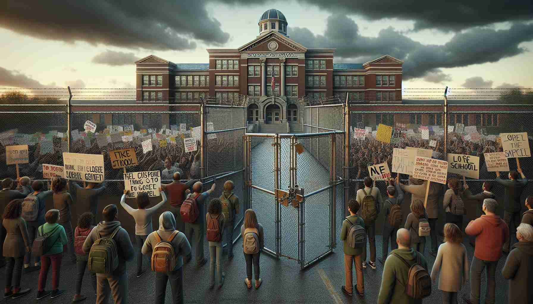 Highly detailed and realistic image of a closed school building with chain-link gates locked in the forefront. The mood is somber and the sky is cloudy, signifying the turmoil. Nearby, there are individuals expressing their outrage, with a diverse group of people holding signs and banners. Visible placards and banners show messages of protest against shocking allegations, but no specifics are provided about the nature of the allegations. The school's name or other identifying details are not visible.