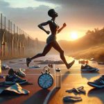 A realistic high-definition image showcasing the untold struggles of an aspiring Olympic athlete. The scene depicts a determined, hardworking individual, let's say a black female mid-distance runner, during their grueling training regime. She is seen running on a track, her face etched with determination and fatigue, embodying dedication and resilience. The setting sun forms the backdrop, symbolizing the nearing of her dream. Around her, visual indications of her struggles such as worn-out running shoes, empty water bottles, and a stopwatch exhibit her arduous journey towards her Olympic dream.