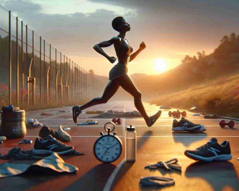 A realistic high-definition image showcasing the untold struggles of an aspiring Olympic athlete. The scene depicts a determined, hardworking individual, let's say a black female mid-distance runner, during their grueling training regime. She is seen running on a track, her face etched with determination and fatigue, embodying dedication and resilience. The setting sun forms the backdrop, symbolizing the nearing of her dream. Around her, visual indications of her struggles such as worn-out running shoes, empty water bottles, and a stopwatch exhibit her arduous journey towards her Olympic dream.