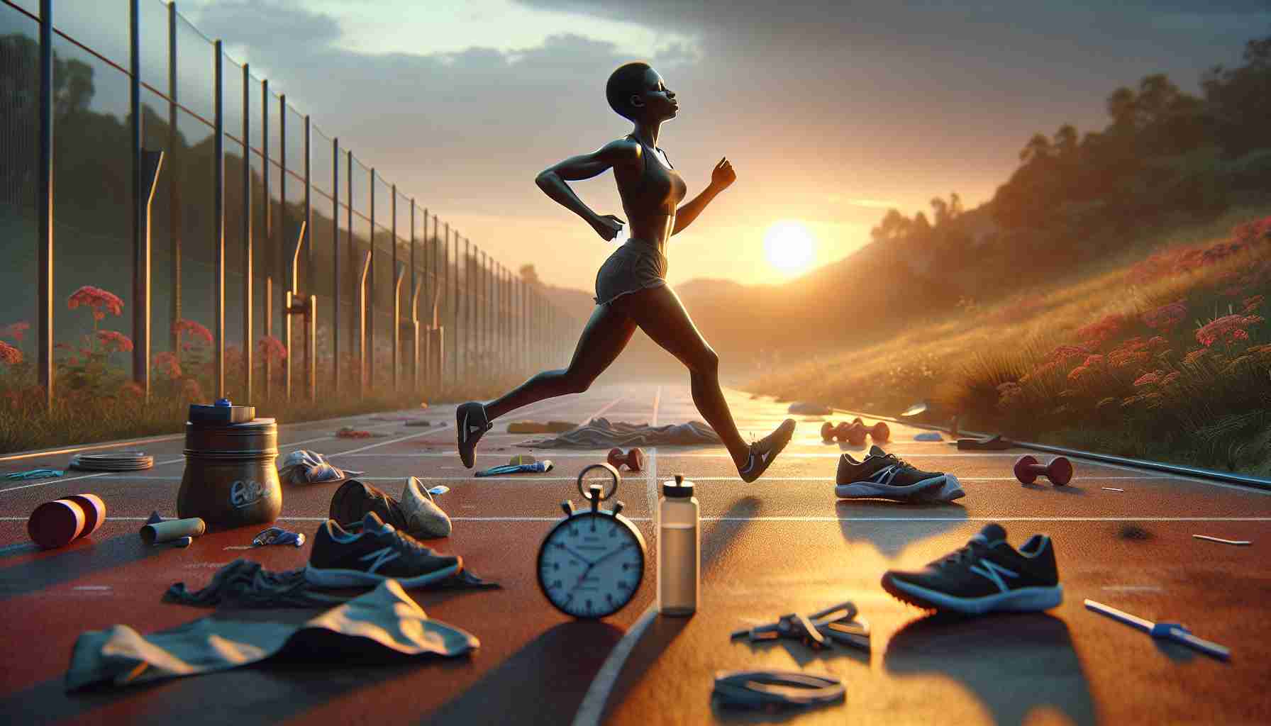 A realistic high-definition image showcasing the untold struggles of an aspiring Olympic athlete. The scene depicts a determined, hardworking individual, let's say a black female mid-distance runner, during their grueling training regime. She is seen running on a track, her face etched with determination and fatigue, embodying dedication and resilience. The setting sun forms the backdrop, symbolizing the nearing of her dream. Around her, visual indications of her struggles such as worn-out running shoes, empty water bottles, and a stopwatch exhibit her arduous journey towards her Olympic dream.