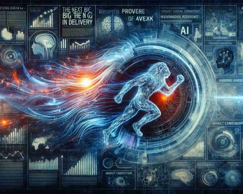 A high-definition, realistic image representing the concept of the 'Next Big Thing in AI Delivery'. The design should feature symbolic elements related to artificial intelligence, like neural networks, circuit board patterns, and robotic silhouettes. In addition to this, an impression of a company that is about to cause significant changes in the market, perhaps through a logo featuring a roaring lion or a breaking wave showing disruptive power. The background has headlines, financial graphs, and market projections, signifying the company's vast potential in the field of AI.