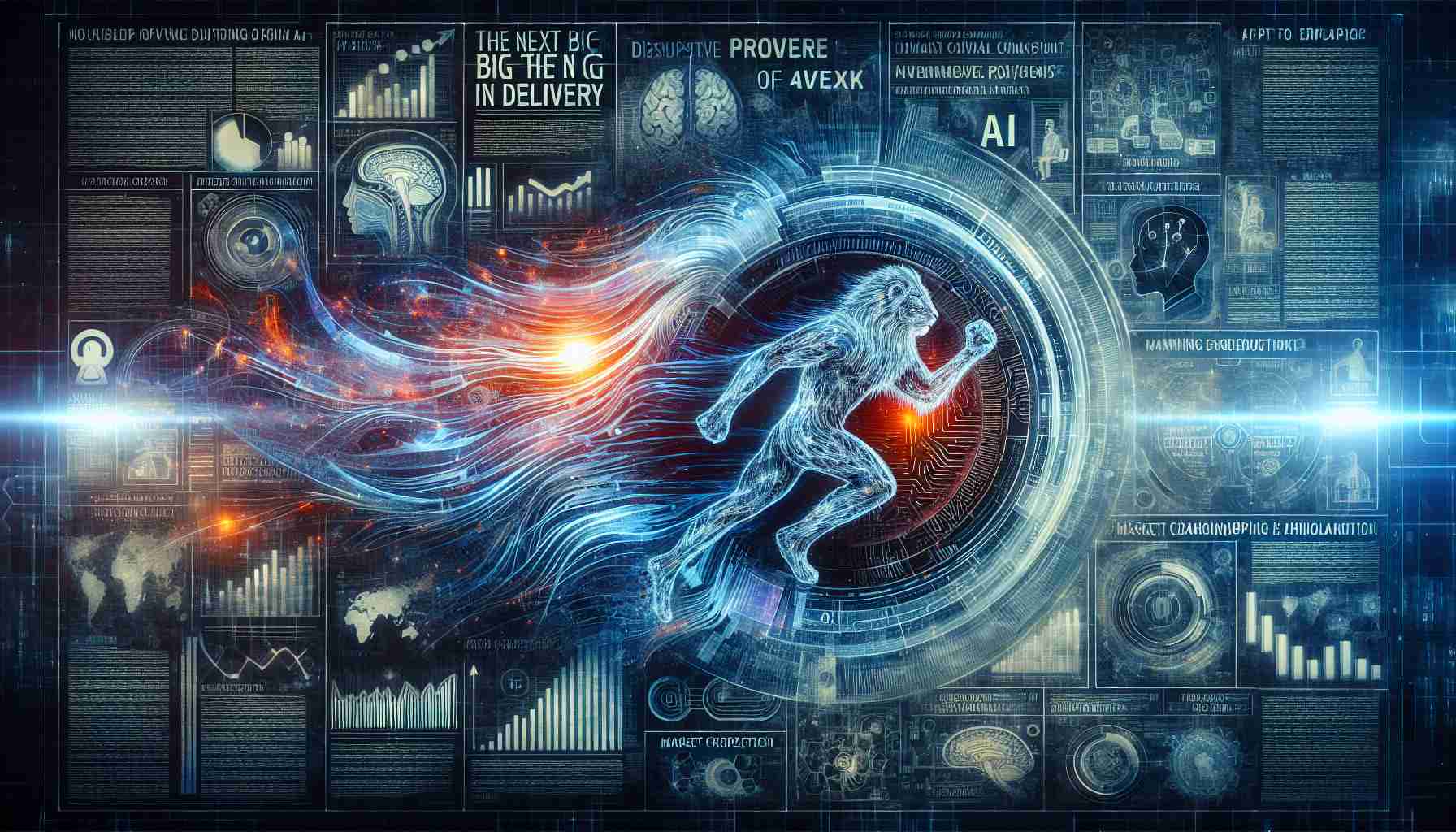 A high-definition, realistic image representing the concept of the 'Next Big Thing in AI Delivery'. The design should feature symbolic elements related to artificial intelligence, like neural networks, circuit board patterns, and robotic silhouettes. In addition to this, an impression of a company that is about to cause significant changes in the market, perhaps through a logo featuring a roaring lion or a breaking wave showing disruptive power. The background has headlines, financial graphs, and market projections, signifying the company's vast potential in the field of AI.