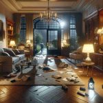 Depict a realistic high definition scene of a dramatic intrusion at a luxurious rental home, the kind often rented by high-profile individuals. Under the soft, warm glow of the interior lights, the living room is in disarray - overturned furniture, scattered papers, and broken vases. The front door sits ajar, splintered from forced entry. Outside, a flashlight shines ominously over the peaceful garden, suggesting the intruder's sudden departure. Remember not to depict any specific real people or celebrities.