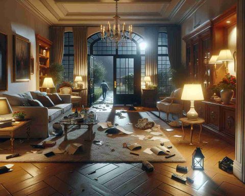 Depict a realistic high definition scene of a dramatic intrusion at a luxurious rental home, the kind often rented by high-profile individuals. Under the soft, warm glow of the interior lights, the living room is in disarray - overturned furniture, scattered papers, and broken vases. The front door sits ajar, splintered from forced entry. Outside, a flashlight shines ominously over the peaceful garden, suggesting the intruder's sudden departure. Remember not to depict any specific real people or celebrities.