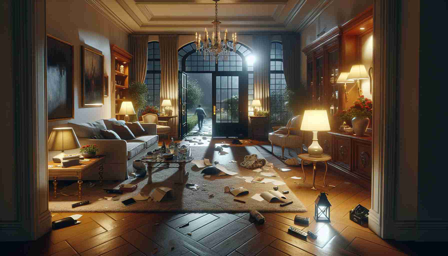 Depict a realistic high definition scene of a dramatic intrusion at a luxurious rental home, the kind often rented by high-profile individuals. Under the soft, warm glow of the interior lights, the living room is in disarray - overturned furniture, scattered papers, and broken vases. The front door sits ajar, splintered from forced entry. Outside, a flashlight shines ominously over the peaceful garden, suggesting the intruder's sudden departure. Remember not to depict any specific real people or celebrities.