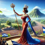 Realistic, high-definition image of a new queen in a symbolic triumph in a Nicaraguan setting. The setting should emphasize lush tropical landscapes with a deep blue sky. The queen, bedecked in elegant yet vibrant attire, holds a scepter as a sign of her power. The win could be depicted metaphorically - perhaps she is atop a majestic hill, indicating her climb to the top, or she is in front of a cheering crowd, symbolizing her popular support.