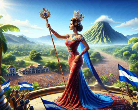 Realistic, high-definition image of a new queen in a symbolic triumph in a Nicaraguan setting. The setting should emphasize lush tropical landscapes with a deep blue sky. The queen, bedecked in elegant yet vibrant attire, holds a scepter as a sign of her power. The win could be depicted metaphorically - perhaps she is atop a majestic hill, indicating her climb to the top, or she is in front of a cheering crowd, symbolizing her popular support.