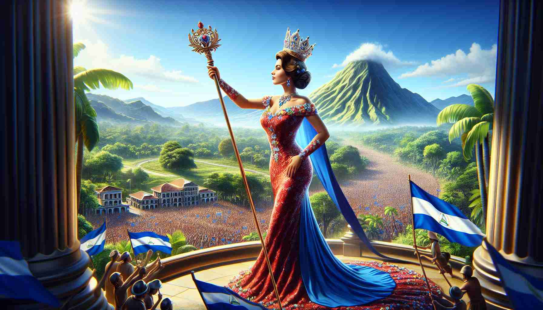 Realistic, high-definition image of a new queen in a symbolic triumph in a Nicaraguan setting. The setting should emphasize lush tropical landscapes with a deep blue sky. The queen, bedecked in elegant yet vibrant attire, holds a scepter as a sign of her power. The win could be depicted metaphorically - perhaps she is atop a majestic hill, indicating her climb to the top, or she is in front of a cheering crowd, symbolizing her popular support.