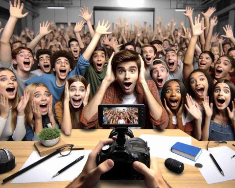 Generate an image representing a surprising new chapter for a popular, fictional TV show about a group of teenagers filming their own web show. The audience is ecstatic and thrilled about the unexpected news. The image should be realistic and in high-definition.