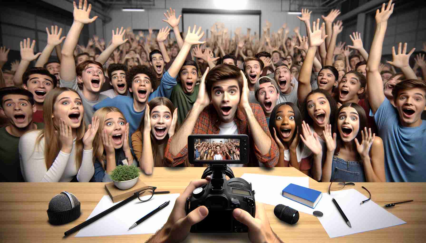 Generate an image representing a surprising new chapter for a popular, fictional TV show about a group of teenagers filming their own web show. The audience is ecstatic and thrilled about the unexpected news. The image should be realistic and in high-definition.