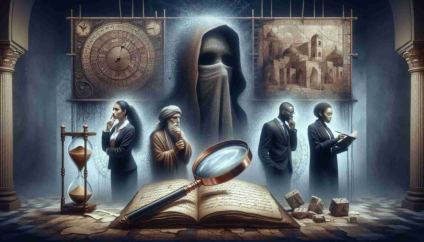 Create a highly-detailed and realistic image that represents the concept of uncovering the hidden truth behind a historical event. Depict an obscured scene slowly becoming clear. Alongside, visualize an ancient calendar, a magnifying glass examining an old handwritten document, and a phantom hourglass signifying the passage of time. Adjoining this, show pensive individuals of diverse descents - a Middle Eastern woman, a South Asian man, a Caucasian man and a Black woman - examining different clues. They should seem engrossed in unraveling the truth about this monumental mystery.