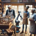 Generate a realistic high-definition image showing a family-owned traditional business embracing robotics. The scene could include a small, age-old corner shop filled with artisan products. The patriarch, a mature Hispanic man, is observing a robotic arm carefully handling delicate items, while a young Black female engineer explains how the machine works. Customers of various ages and ethnicities look on with interest. The shop's wooden shelves and rustic brick walls juxtapose with the shiny, modern machine, illustrating a fusion of tradition and technology.