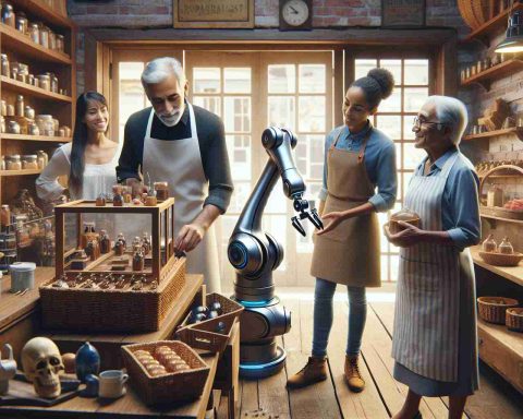 Generate a realistic high-definition image showing a family-owned traditional business embracing robotics. The scene could include a small, age-old corner shop filled with artisan products. The patriarch, a mature Hispanic man, is observing a robotic arm carefully handling delicate items, while a young Black female engineer explains how the machine works. Customers of various ages and ethnicities look on with interest. The shop's wooden shelves and rustic brick walls juxtapose with the shiny, modern machine, illustrating a fusion of tradition and technology.