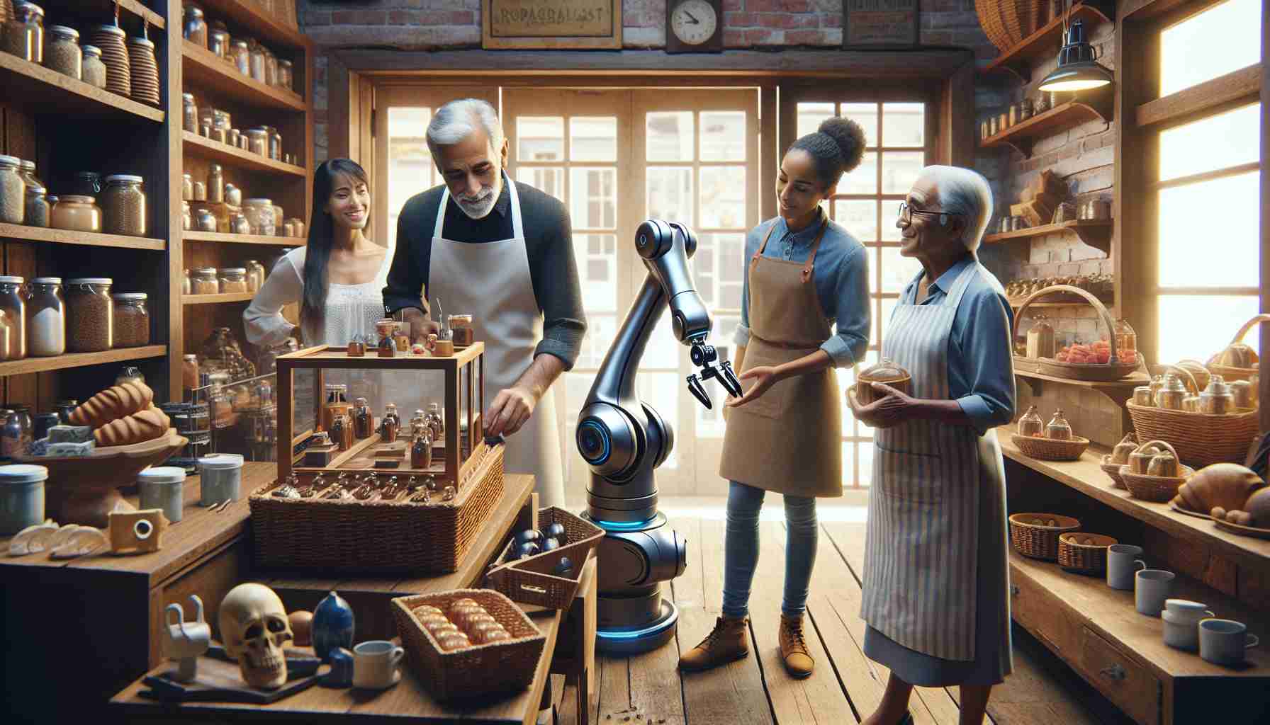 Generate a realistic high-definition image showing a family-owned traditional business embracing robotics. The scene could include a small, age-old corner shop filled with artisan products. The patriarch, a mature Hispanic man, is observing a robotic arm carefully handling delicate items, while a young Black female engineer explains how the machine works. Customers of various ages and ethnicities look on with interest. The shop's wooden shelves and rustic brick walls juxtapose with the shiny, modern machine, illustrating a fusion of tradition and technology.