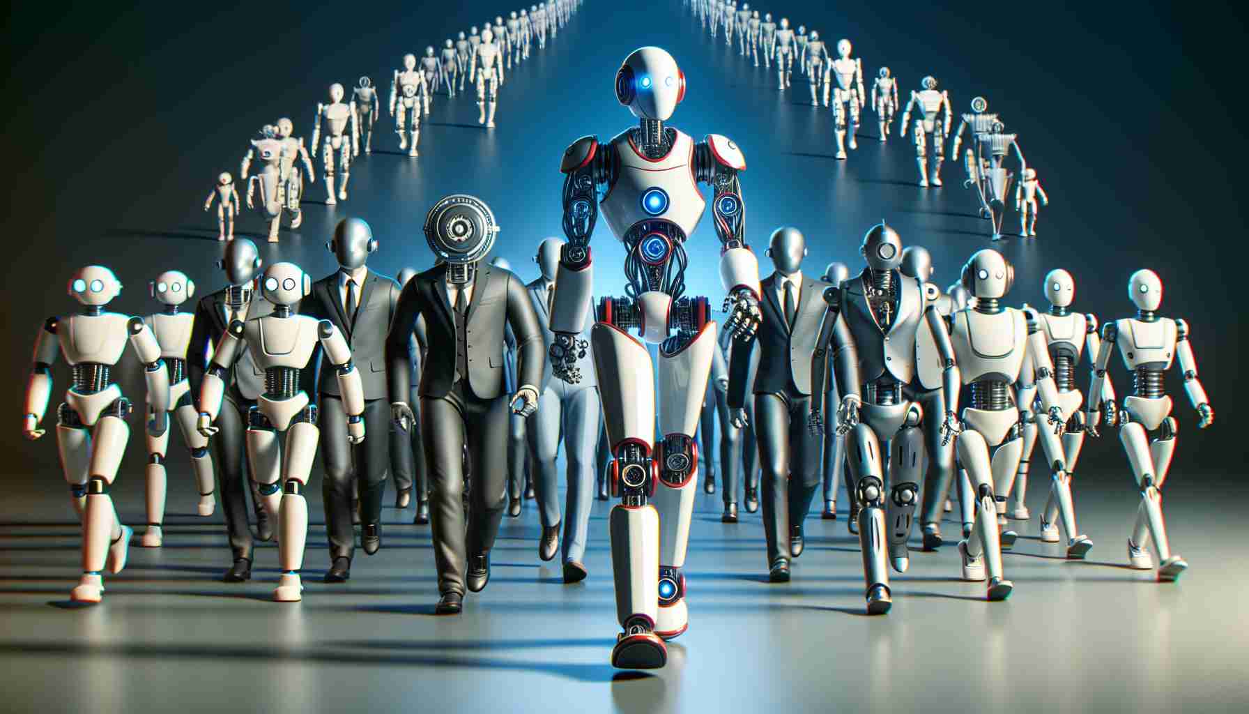 A high-definition, realistic image showcasing the concept of revolutionary robotics. The focal point of the image is perhaps an advanced robotic machine leading a procession of various types of innovative robots. Different robots in the parade depict the many cutting-edge facets of robotics. Prominence should be given to showcase the uniqueness of the leader robot, emphasizing the unexpected nature of who or what is leading the wave of advancements in robotics.