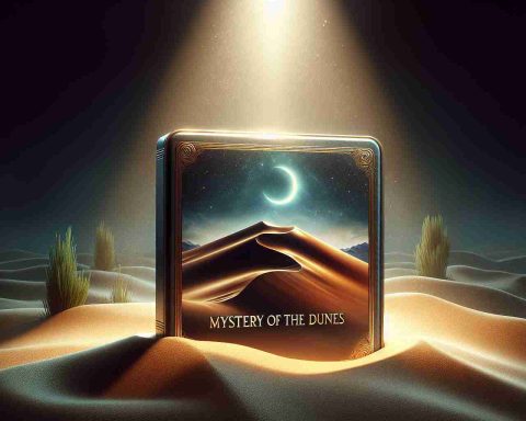 Create a high-definition, realistic image of a highly anticipated, mysterious game set in a dune landscape. The image should depict the game's case, standing under a dramatic, spotlight illumination, as if it's ready to reveal its secrets. The game cover should showcase rich, textured sand dunes under a starlit night sky. On top, inscribed in gold, should be the title 'Mystery of the Dunes'.