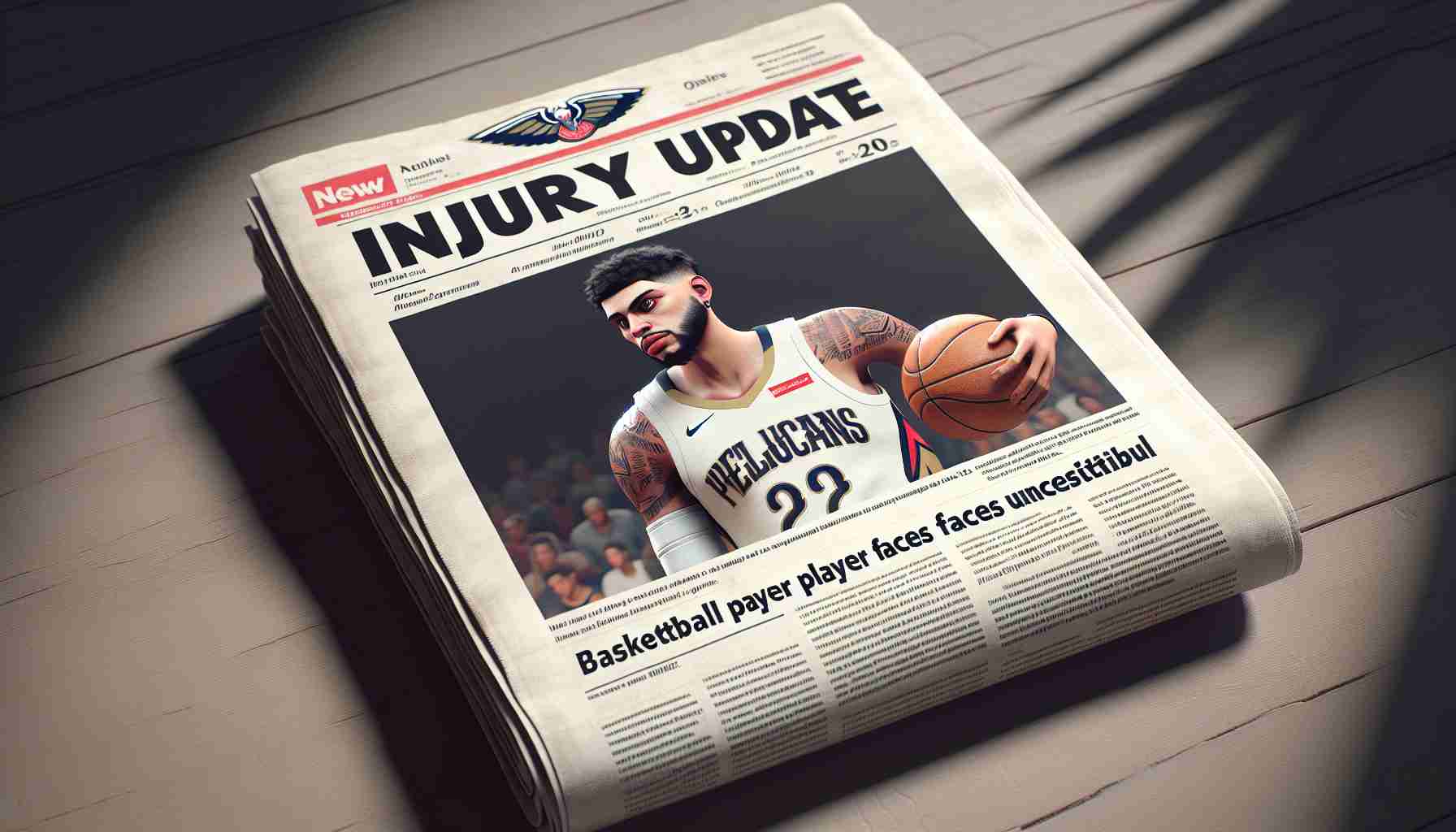 Realistically designed, high-definition image of a newspaper headline reading 'Injury Update: Basketball Player from Professional Team Pelicans Faces Uncertain Future'