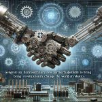 Generate a high-definition, realistic image representing an extraordinary new partnership destined to bring revolutionary change to the world of robotics. The image should feature robotics parts like gears, microchips, robotic arms, and advanced software screens. Also, include visual elements that communicate partnership and collaboration, such as a handshake or a synergy symbol.