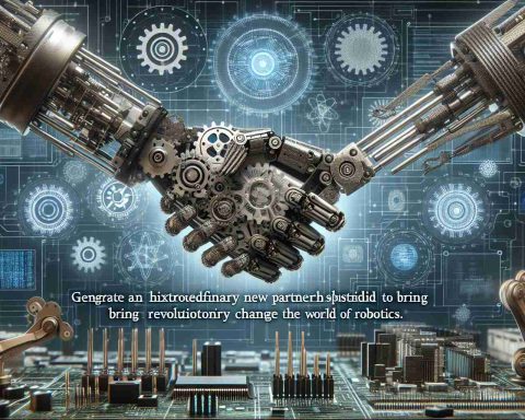 Generate a high-definition, realistic image representing an extraordinary new partnership destined to bring revolutionary change to the world of robotics. The image should feature robotics parts like gears, microchips, robotic arms, and advanced software screens. Also, include visual elements that communicate partnership and collaboration, such as a handshake or a synergy symbol.