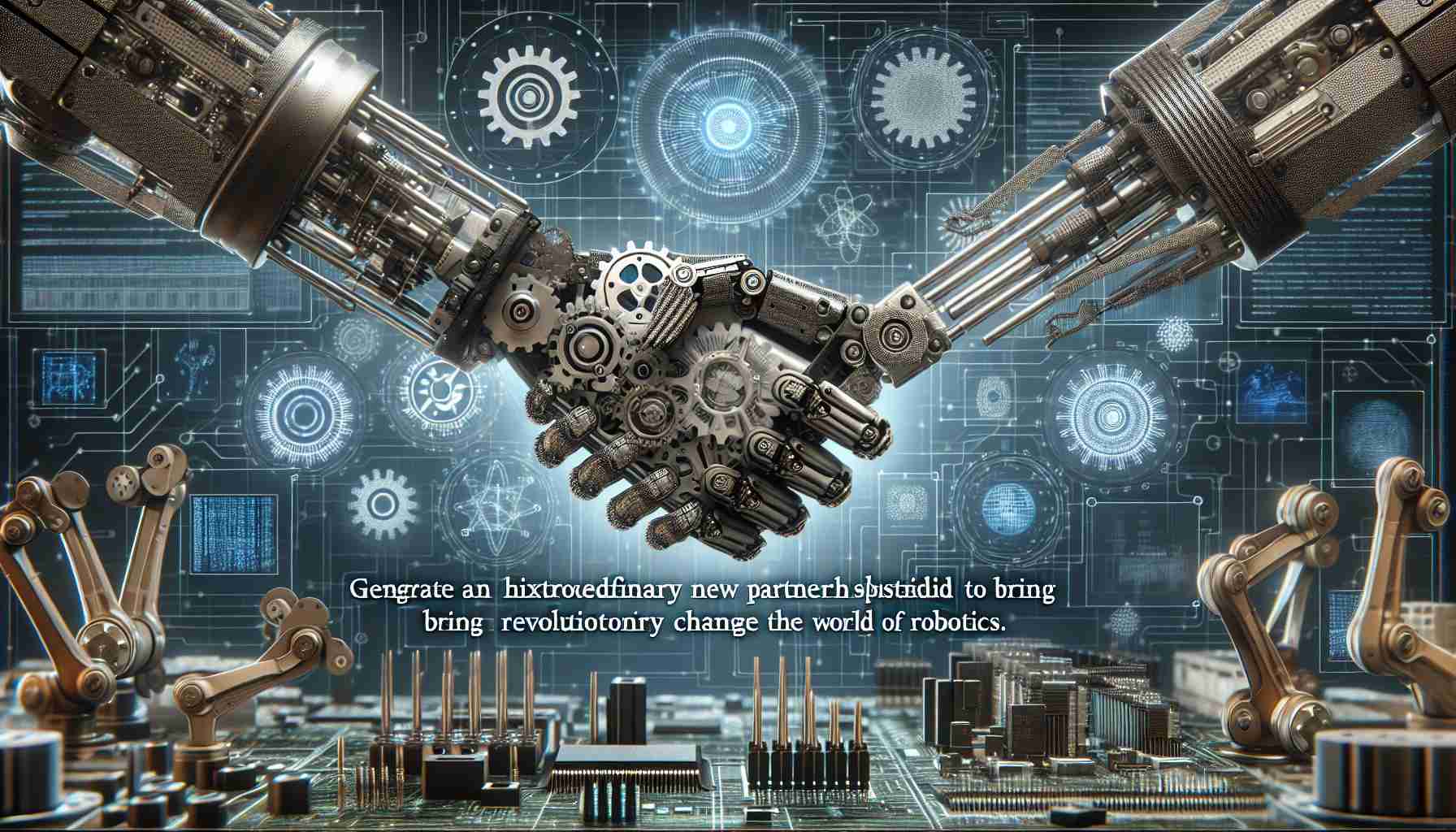 Generate a high-definition, realistic image representing an extraordinary new partnership destined to bring revolutionary change to the world of robotics. The image should feature robotics parts like gears, microchips, robotic arms, and advanced software screens. Also, include visual elements that communicate partnership and collaboration, such as a handshake or a synergy symbol.