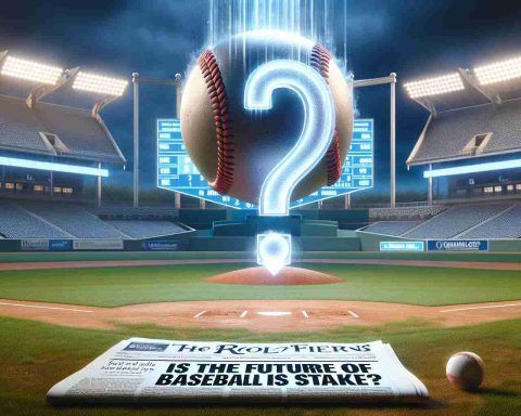 Realistic HD image of a conceptual depiction of baseball in danger. Display the trajectory of a baseball in motion with a question mark over it, symbolizing uncertainty. Include an empty baseball field in the background, with the phrase 'Is the future of Royals Baseball at stake?' in bold, large letters across the scoreboard screen. To represent the 'happening', show a newspaper on the ground with a headline about recent changes in the baseball world.