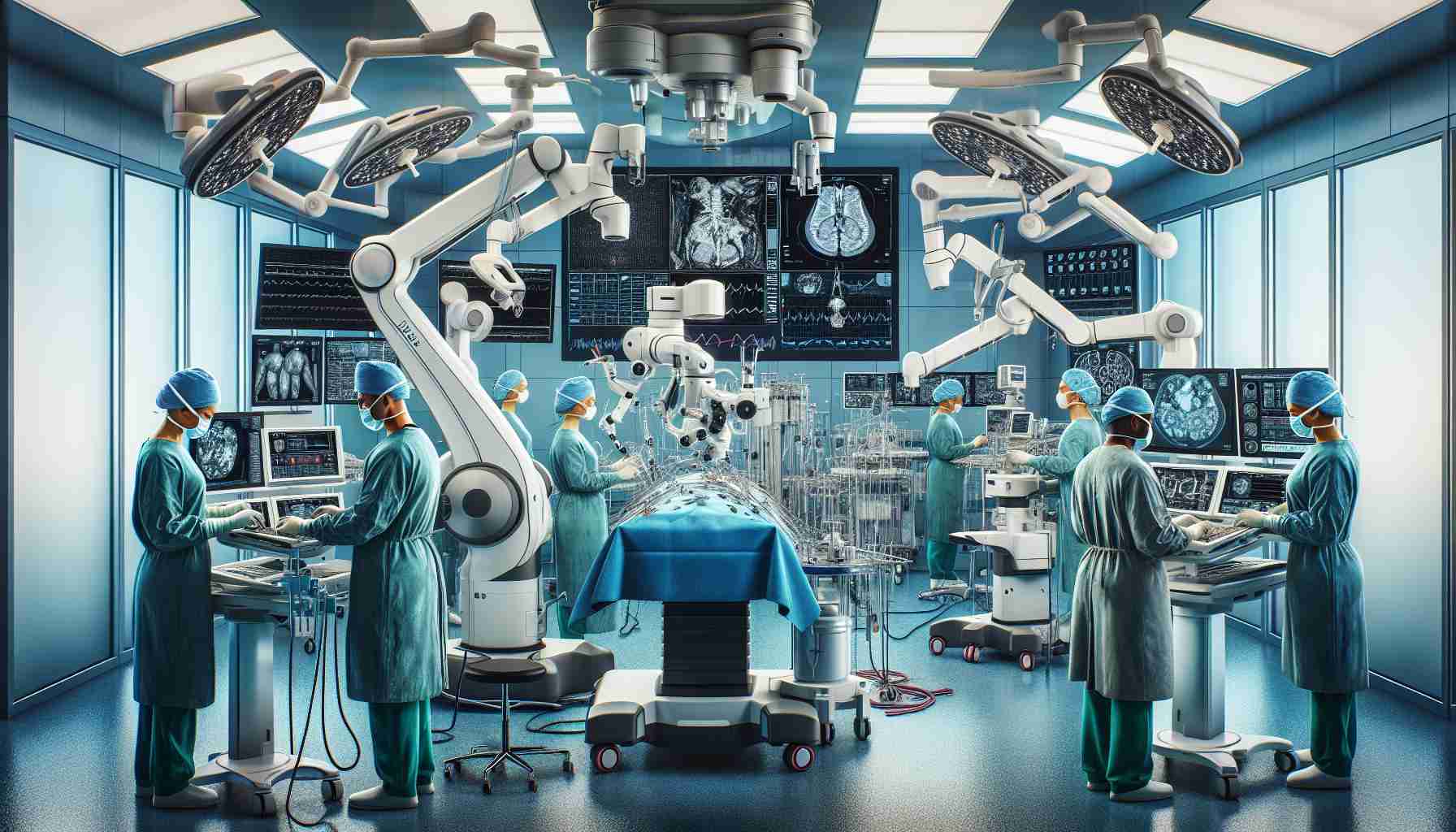 High definition image illustrating the transformative impact of revolutionary technology on surgery. Depict a modern operating room equipped with state-of-the-art medical equipment: robotic arms, high-powered microscopes, and digital displays showing complex data. Medical professionals of varied genders and descents -- Caucasian female surgeon, Black male anesthesiologist, Hispanic female nurse, and South Asian male assistant -- are there, using these technologies. The environment is tensioned, symbolic of the life-saving work taking place. This image should convey the evolution of medical surgery due to technological advancements.