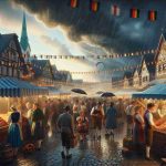 Create a realistic HD depiction of a traditional German festival potentially being disrupted by rainy weather. The scene should convey the tension of an imminent storm, with vendors and attendees looking anxiously at the darkening sky, stalls are stocked with traditional German foods like wurst, and decorations are fluttering in the wind.