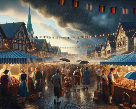 Create a realistic HD depiction of a traditional German festival potentially being disrupted by rainy weather. The scene should convey the tension of an imminent storm, with vendors and attendees looking anxiously at the darkening sky, stalls are stocked with traditional German foods like wurst, and decorations are fluttering in the wind.