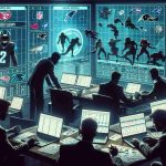 A highly-detailed and realistic representation of an NFL trading scenario. Depict an NFL scouts meticulously analyzing data on laptops in an office covered with team logos and diagrams with a large screen detailing player statistics. Include several players' silhouette, in a variety of positions, as if they are the hidden gems being uncovered. The scene should have a curious, tense, and suspenseful ambiance, suggesting the rise of hidden gems in NFL history. No specific players or team logos should be used to avoid copyright issues.