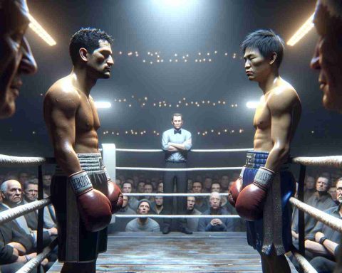 A realistic, high-definition rendering of a boxing match that left audiences feeling let-down. The scene captures the moment inside an atmospheric, dimly lit ring, two boxers, one Hispanic male and the other Asian male, positioned in a non-aggressive, non-engaging stance. There's a palpable tension in the air, mirrored in the disappointed expressions on the crowd's anticipating faces. The wrinkled boxing gloves, the literal and metaphorical distance between the fighters, and the muted enthusiasm of the crowd are powerful symbols of this underwhelming showdown.