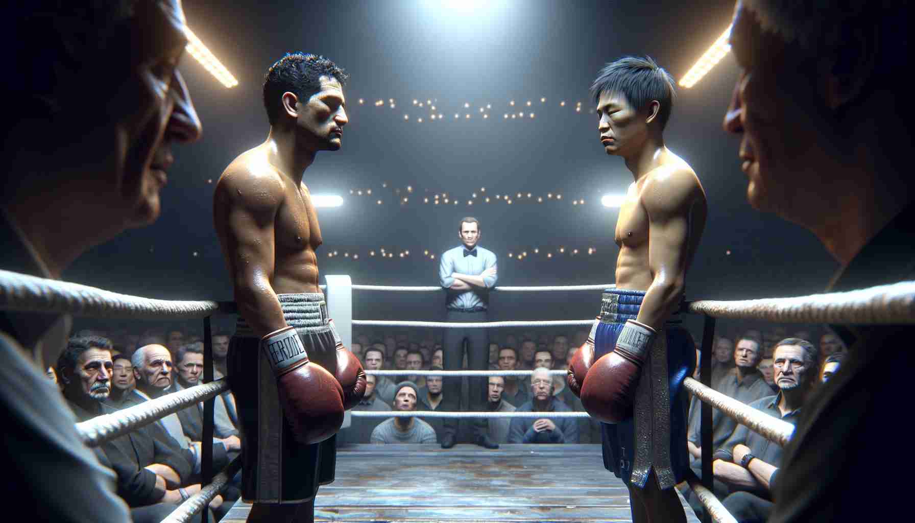 A realistic, high-definition rendering of a boxing match that left audiences feeling let-down. The scene captures the moment inside an atmospheric, dimly lit ring, two boxers, one Hispanic male and the other Asian male, positioned in a non-aggressive, non-engaging stance. There's a palpable tension in the air, mirrored in the disappointed expressions on the crowd's anticipating faces. The wrinkled boxing gloves, the literal and metaphorical distance between the fighters, and the muted enthusiasm of the crowd are powerful symbols of this underwhelming showdown.