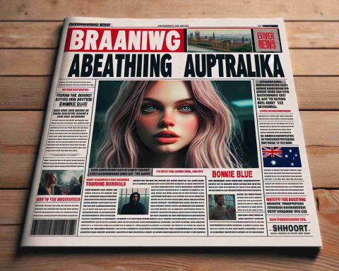 Generate a realistic high-definition image of a headline breaking the news about a controversial plan that's causing a stir in Australia, with a focus on an unknown entity named 'Bonnie Blue'. Make it look like a tabloid or newspaper front page with articles on the sides, and the headline featuring prominently in the center.