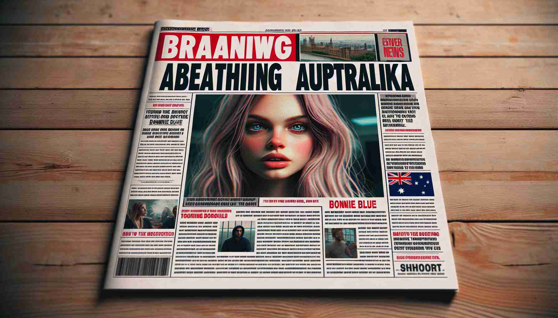 Generate a realistic high-definition image of a headline breaking the news about a controversial plan that's causing a stir in Australia, with a focus on an unknown entity named 'Bonnie Blue'. Make it look like a tabloid or newspaper front page with articles on the sides, and the headline featuring prominently in the center.