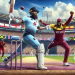 Realistic HD photo of a cricket match between England and West Indies with the question 'Can England Maintain Their Winning Streak Against the West Indies?'