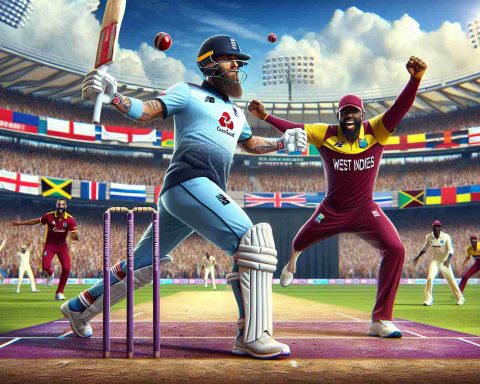 Realistic HD photo of a cricket match between England and West Indies with the question 'Can England Maintain Their Winning Streak Against the West Indies?'